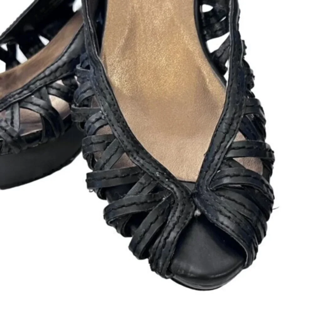 Nicole Black Woven Leather Slingback Wedge Sandals